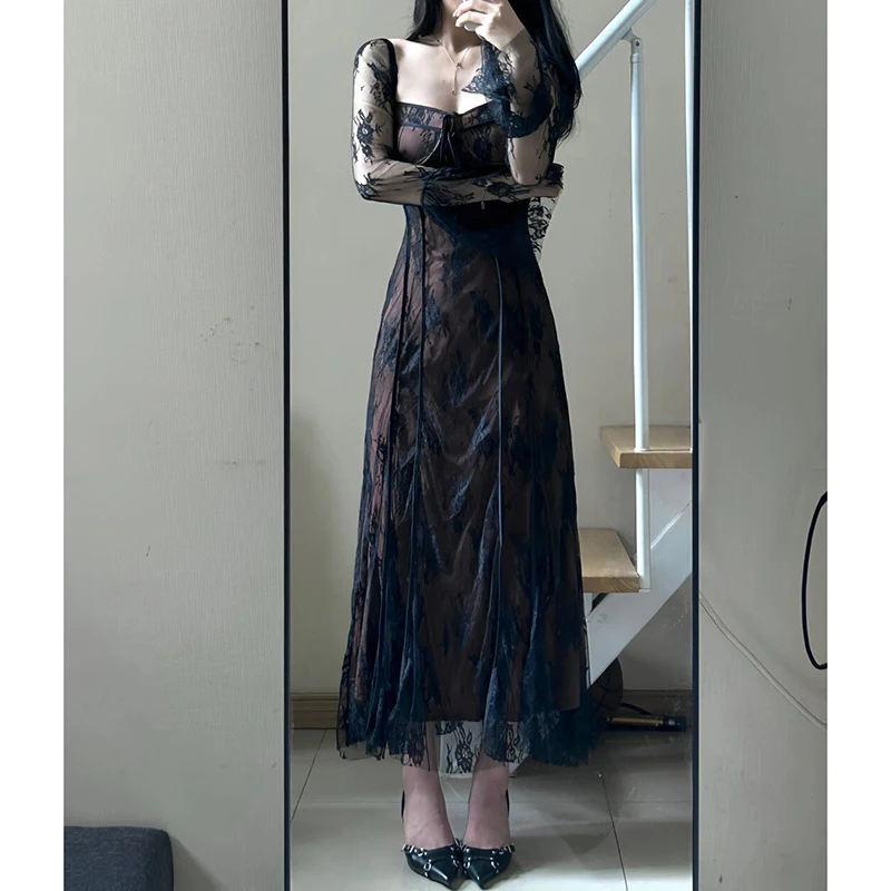 Robe française Vintage à manches évasées pour femmes, col carré, maille, Sexy, transparente, Slim, dentelle, Jacquard, robes de soirée