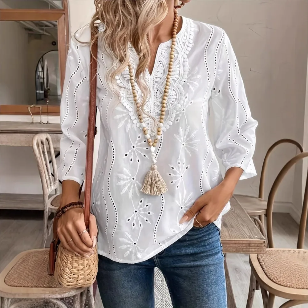 

Fashion Hollow Embroidered V-neck Long-sleeved Women's Tops Spring Autumn New Casual Loose White Female Versatile Chiffon Shirt