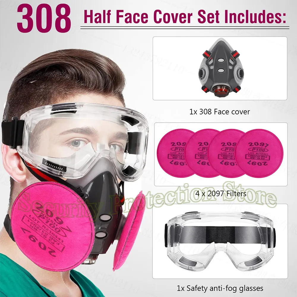 308 Face Gas Dust Mask Chemical Respirator Dual Filters Work Safety Masks Spray Paint Dust Mask With Filter Respirator Reuse