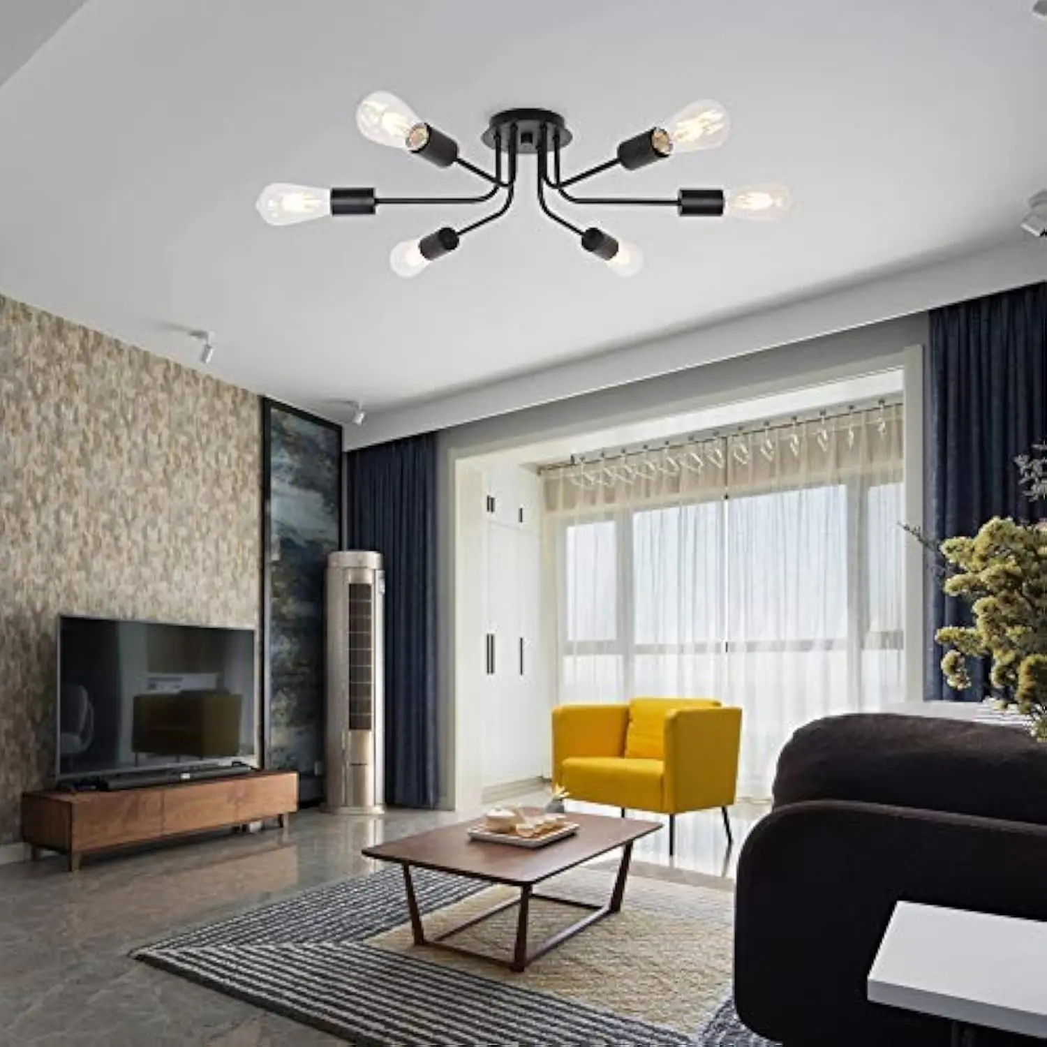

Semi Flush Mount Ceiling Light Fixture 6-Light Modern Sputnik Chandelier Lighting Black Vintage Metal Ceiling Lamp E26 Living R