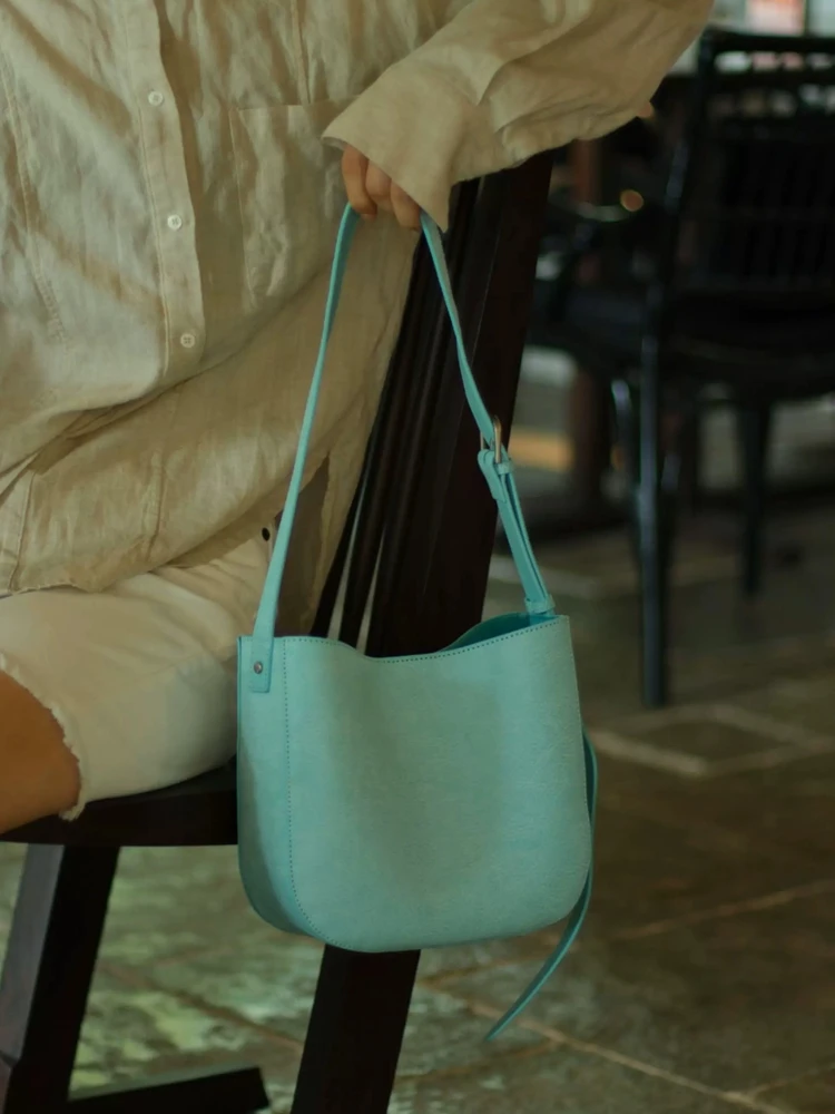  Minimalist Fashion Casual Genuine Leather Women Bucket Bag\Handbag Simple Real Leather Lady Underarm Shoulder Crossbody Bag