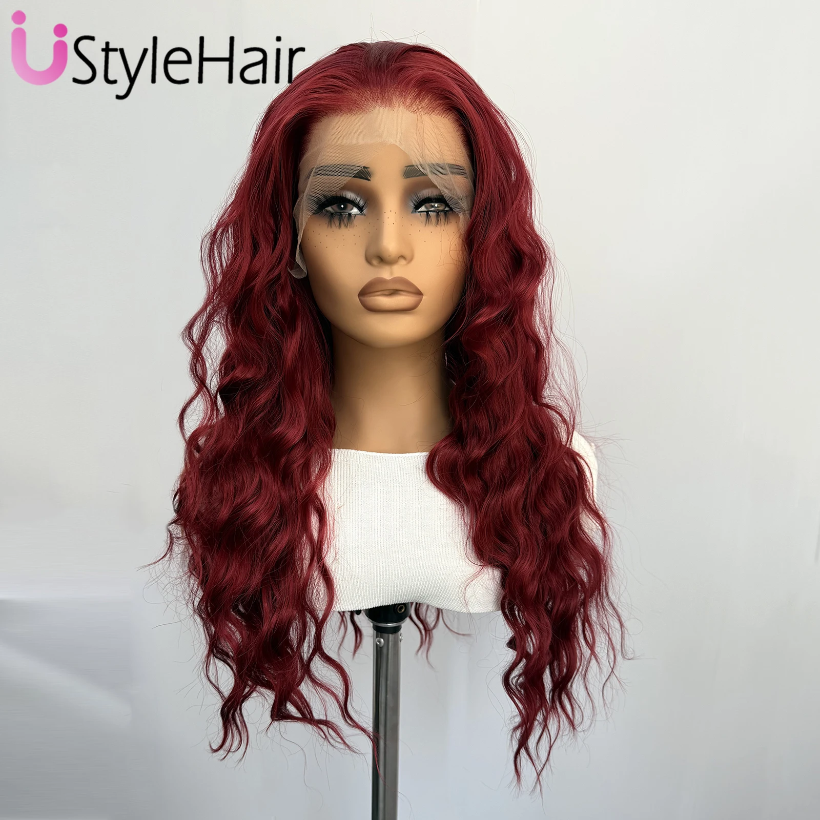 UStyleHair بورجوندي الدانتيل شعر مستعار أمامي طويل الجسم موجة الشعر الاصطناعية 13x4 غلويليس شعري طبيعي الباروكات ارتداء اليومي تأثيري الباروكات