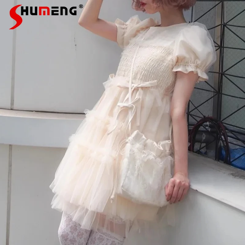 Sweet Cute Dress Japanese Lolita Style Elegant Sheer Puff Sleeves A-Line Short-Sleeved Tie Waist Short Dresses Kawaii Vestidos