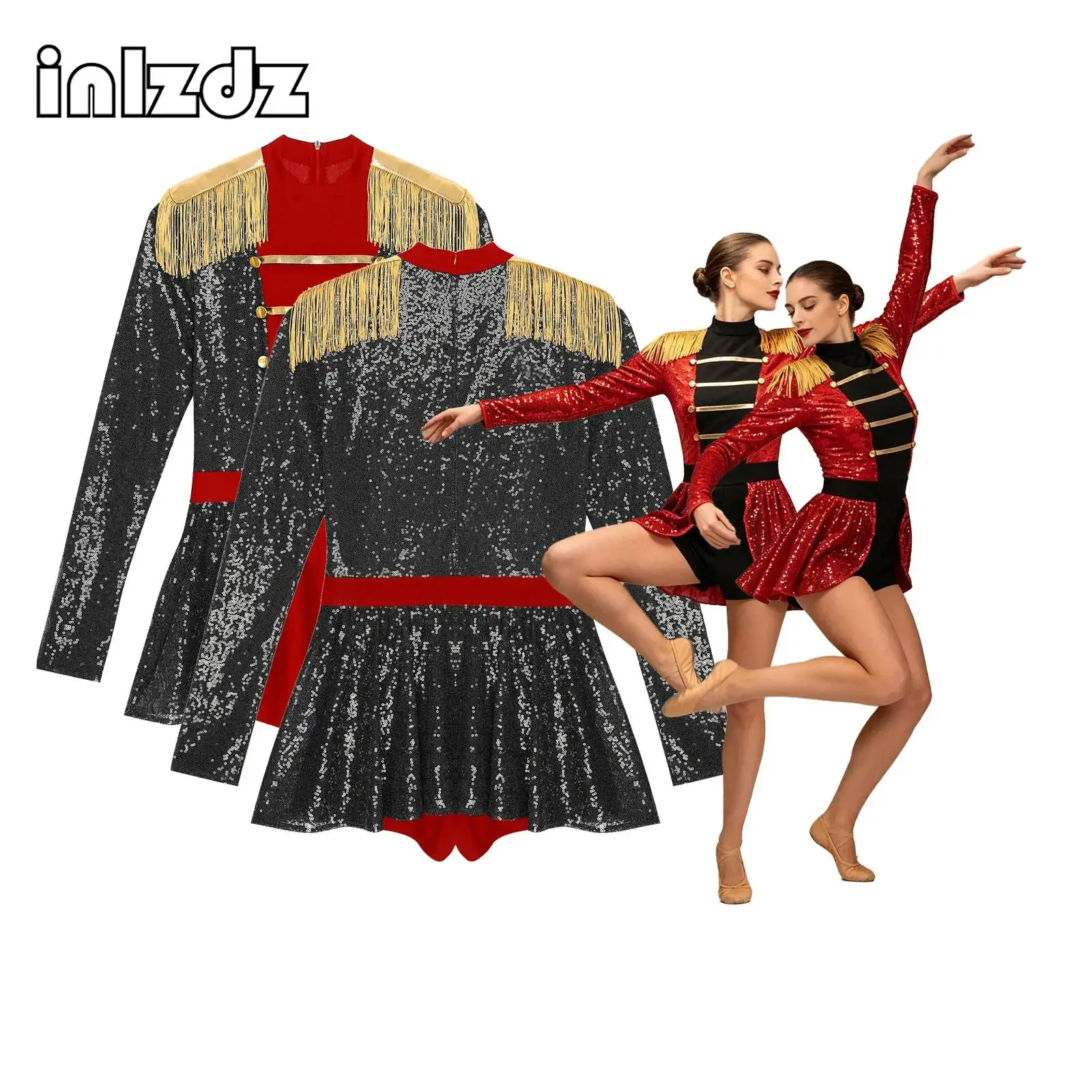Disfraz de Ringmaster para Mujer con Lentejuelas, Disfraz de Director de Circo, Disfraz de Carnaval de Halloween, Mono Brillante de Manga Larga con Falda