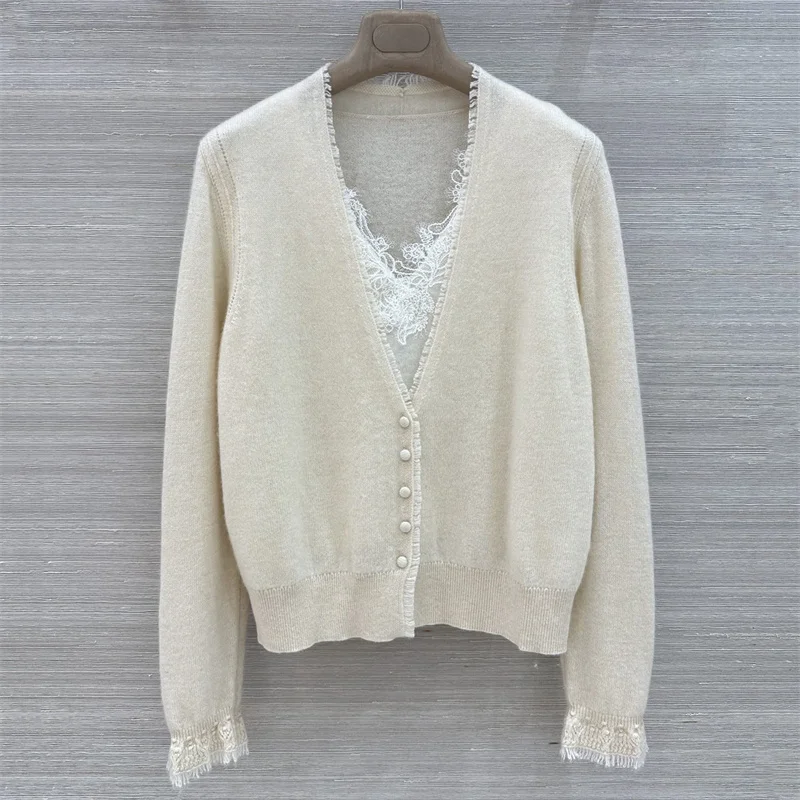cardigan for women New elastic knitted slim women's long sleeved top for autumn 2026 Lace patchwork fake two women's sweaters