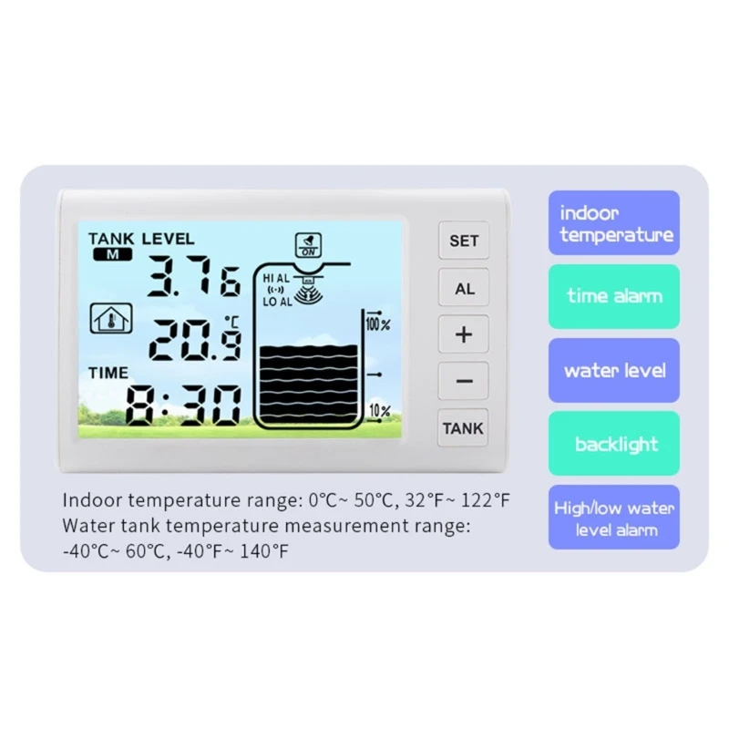 Solar Powered Ultrasonic Level Gauge Digital LCD Indoor Water Liquid Tank Depth Temperature Monitor Alarm Clock 100M Sensor -40℃