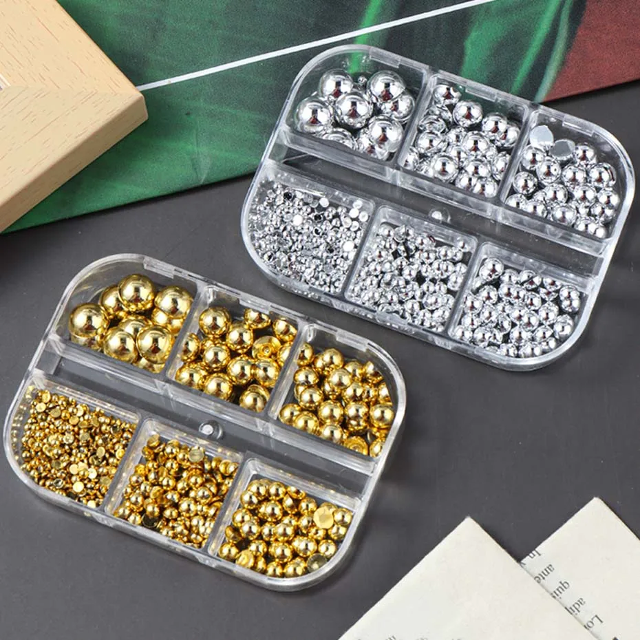 6 grades tamanho misto dourado prateado semicírculo pérolas encantos da arte do prego punk design gótico japonês decoração da arte do prego fornecimento de unhas