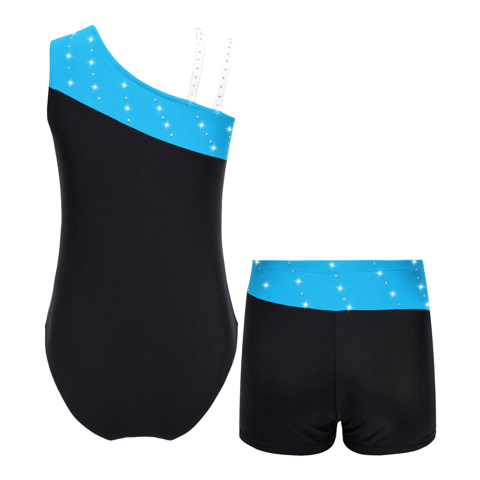 Kids Girls Rhinestone Tight Fitting Jumpsuit with Shorts Gymnastics Figure Skating Dance Costume Ballet Jersey Leotard Dancewear