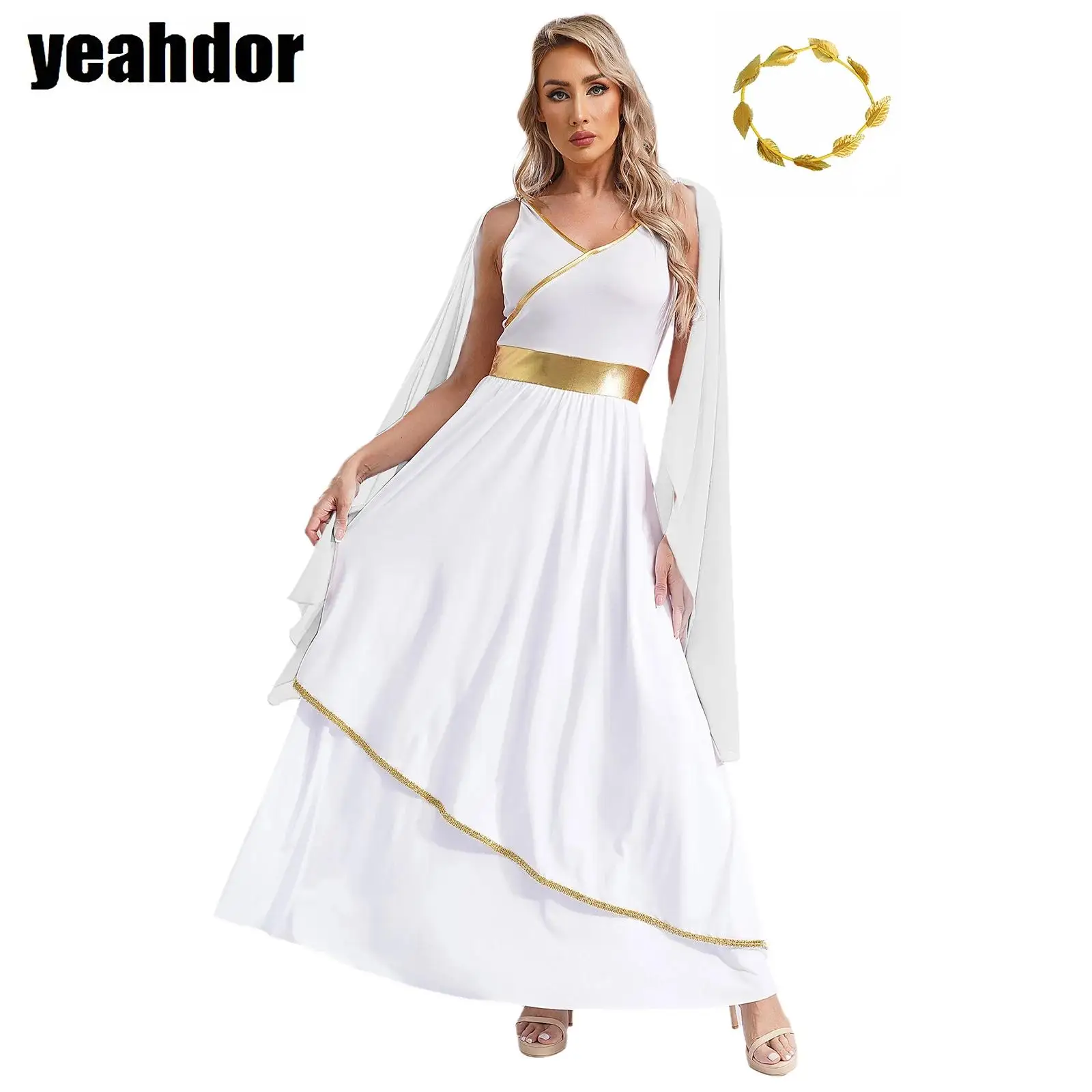 

Women Grecian Gown Ancient Greek Toga Dress with Leaf Garland Headwear Masquerade Halloween Roman Queen Cosplay Goddesse Costume