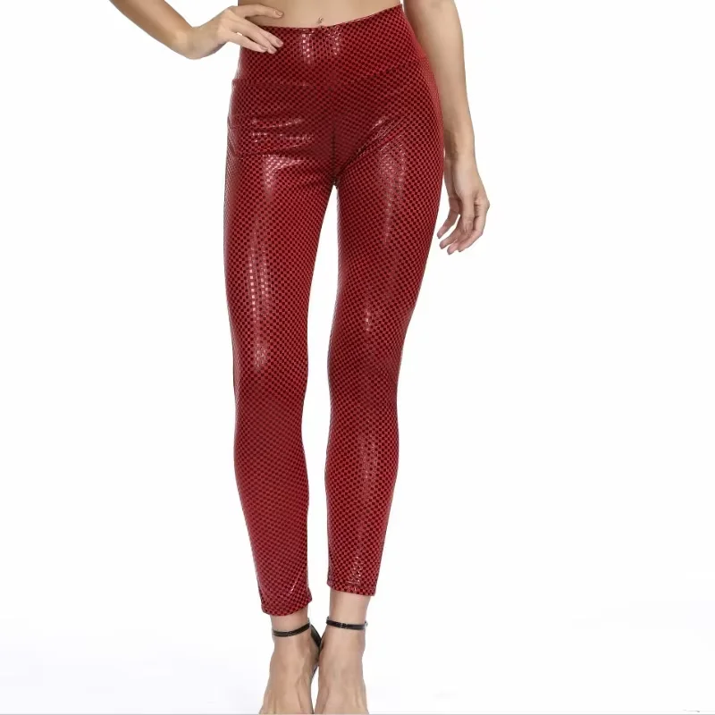 Women's Punk Red Black Silvery PU Leather Zipper Open Crotch Glitter Wetlook Leggings Sexy Skinny Long Pants