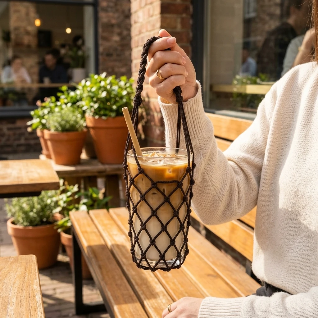 Cup Sleeve Woven Nylon Holder Heat Resistant Protective Net Bag for Coffee Milk Tea Commuting Durable
