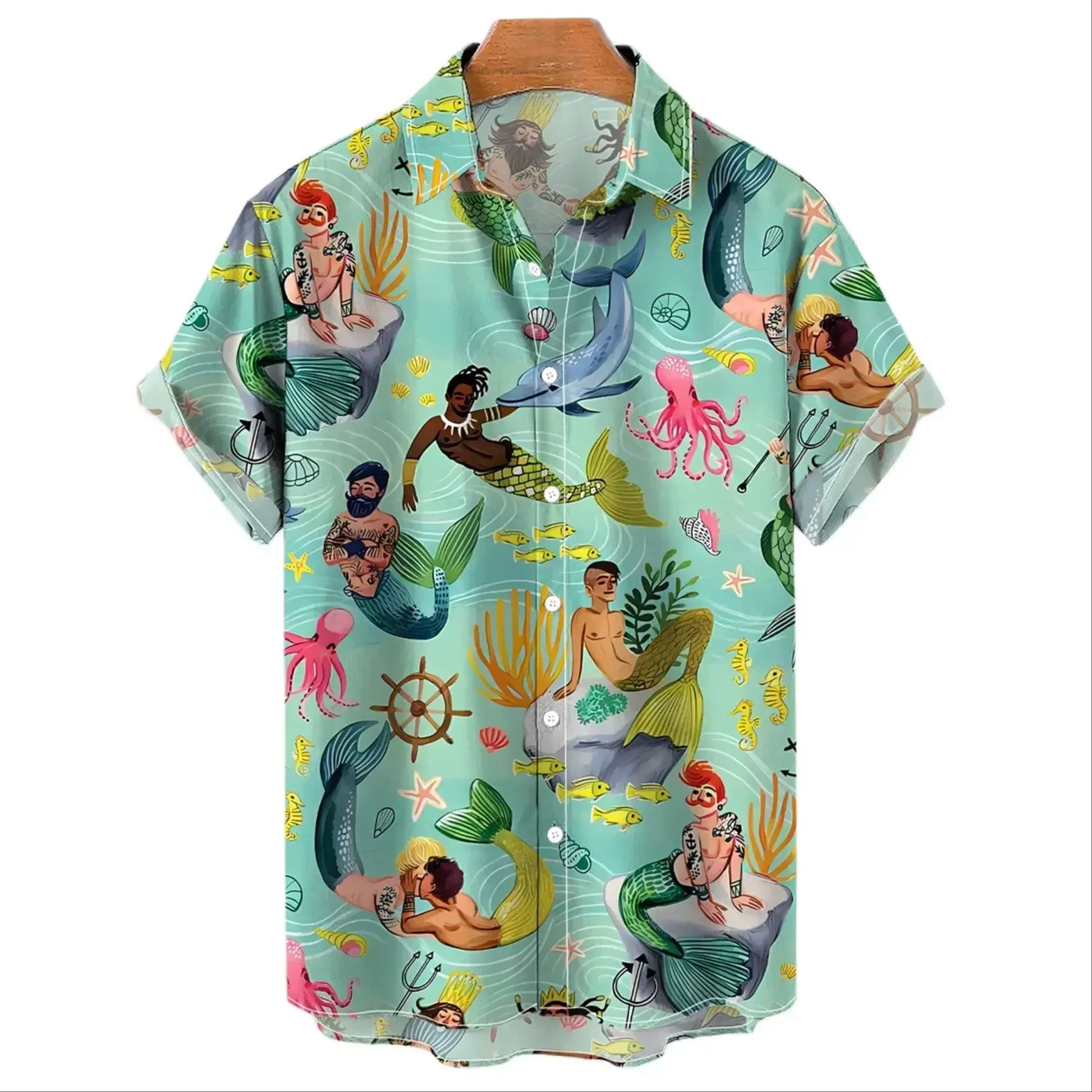 Camisa havaiana estampada sereia masculina, blusa extragrande, tops de manga curta para praia, roupas de grife, alta qualidade, novo, 2021