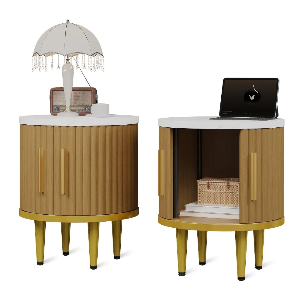 

2pcs Mid-Century Modern Entertainment Cabinet, Fluted Accent Side Table with Sliding Door & Adjustable Shelf, End Table for Small Spaces, Living Room, Bedroom, Sofa Couch (2, Walnut)