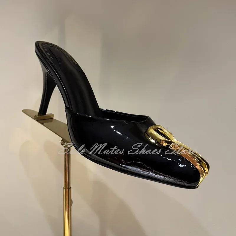 

Elegant Women's Black Patent Leather Closed Toe Slippers Metal Buckle Design Stiletto High Heel Sandals Party Dress Shoes