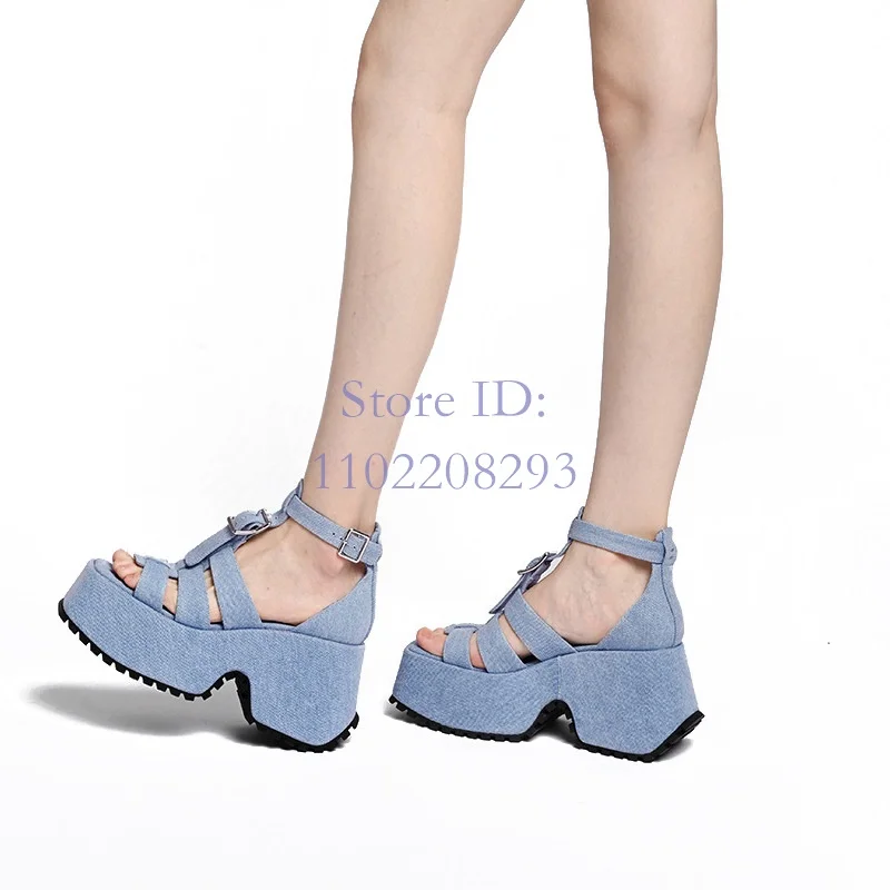 

Denim Platform Chunky High Heel Sandals Square Toe Wedge Strappy Solid Back Buckle Strap Sandals Women Fashion Dress Shoes 2024