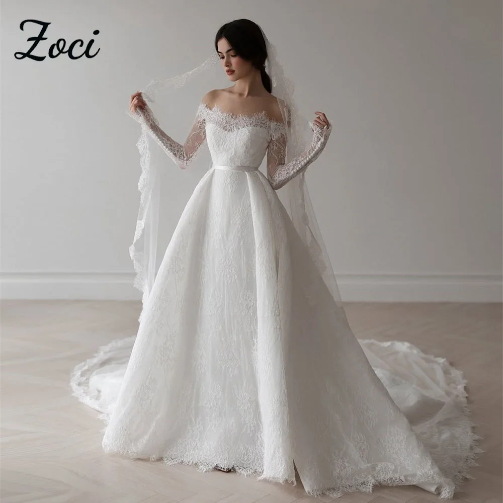 

Zoci Elegant Off Shouldert Wedding Dresses Modest Long Lace Sleeves Bride Dress Customized Arabic Plus Long Train Bridal Gown