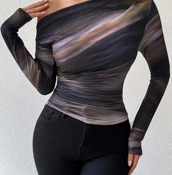 

2025 New Fashionable Tie Dye Printed Asymmetrical Ruffle Edge Long Sleeved T-Shirt