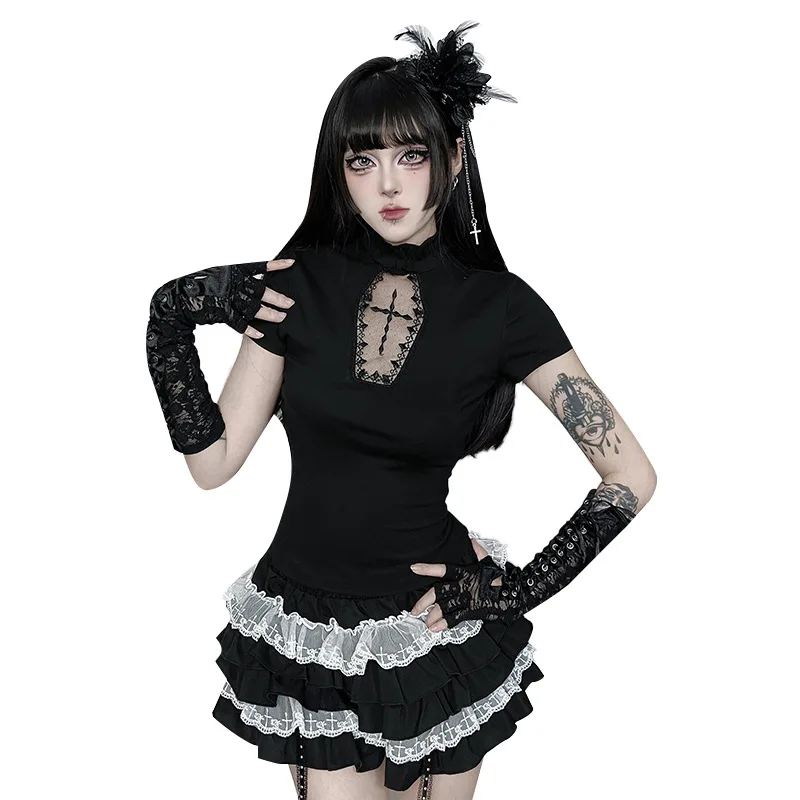 Top de manga corta con estampado cruzado 2025, recién llegado, conjunto de falda de color en contraste de encaje cruzado