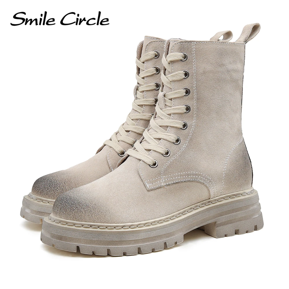 Smile Circle Ankle Boots Women Winter Cow Suede Leather Platform Boots Round Toe Lace-up Non-slip Snow Boots