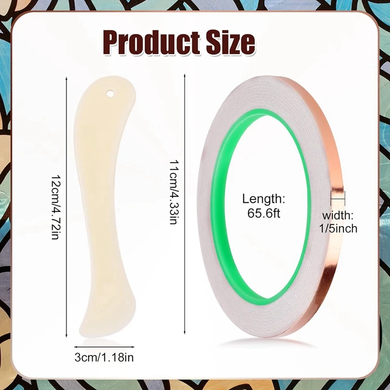 Copper Foil Tape Kit For Stained Glass, 1/5 Inch X 65.6 Feet Double-Sided Adhesive Conductive Tape With Plastic Scraper