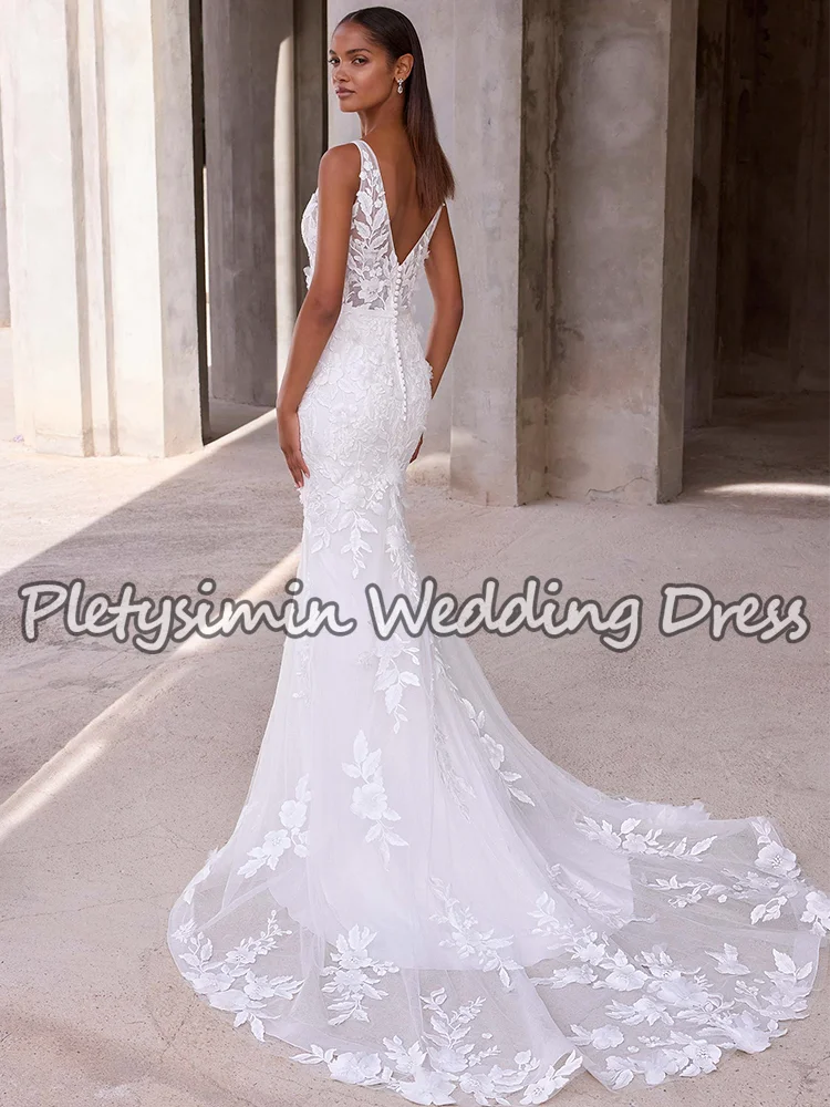 Pletysimin-vestido De novia De encaje con escote en V profundo, apliques De tren De barrido, vestidos De novia De sirena De tul, bata bohemia personalizada, 2026
