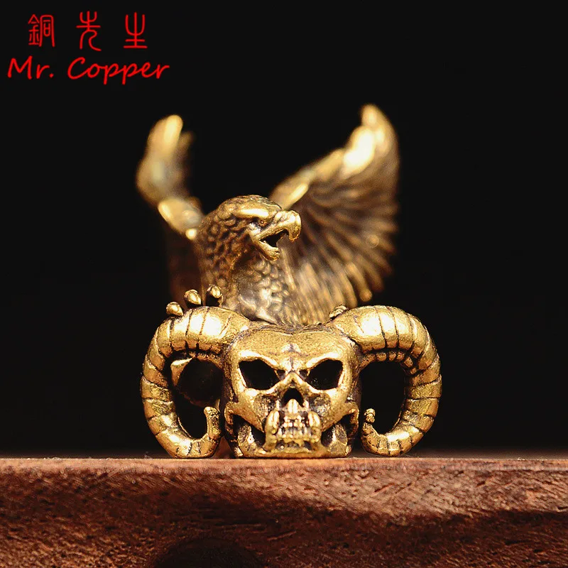 Solid Brass Eagle Grab Goat Horns Skull Head Small Statue Desktop Ornaments Vintage Animal Miniatures Figurines Home Decorations