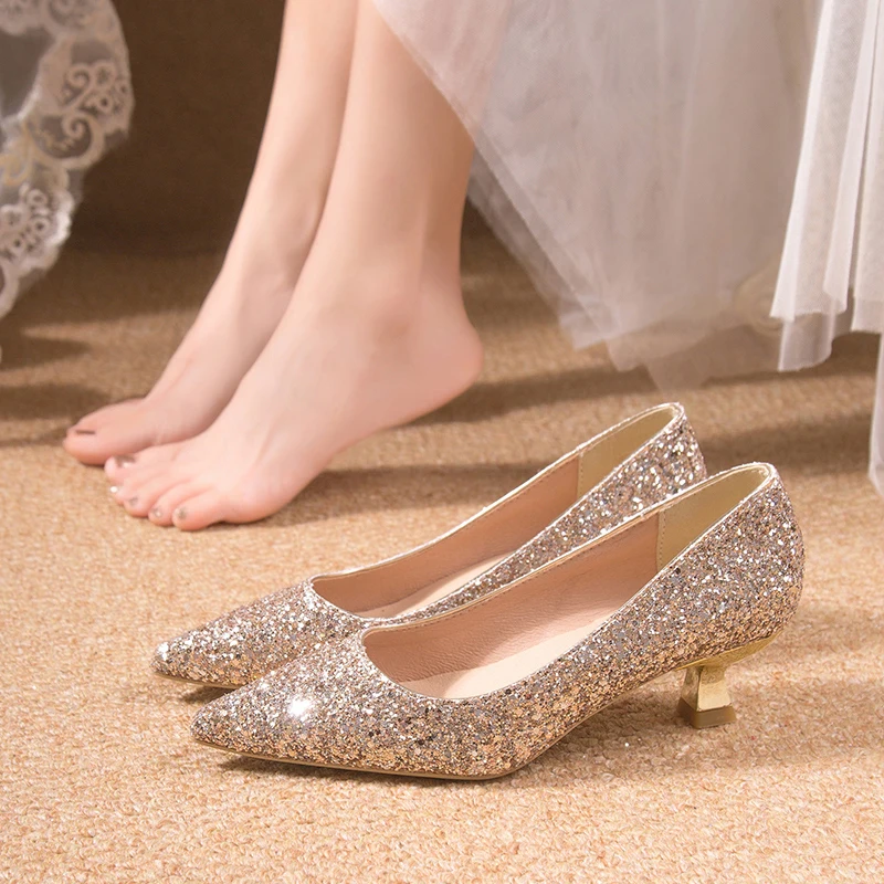 Bling Med Heels Pumps Women Gold Silver Thin Heels Wedding Party Shoes Woman Pointed Toe Slip-On Shiny Bridal Shoes Plus Size 42