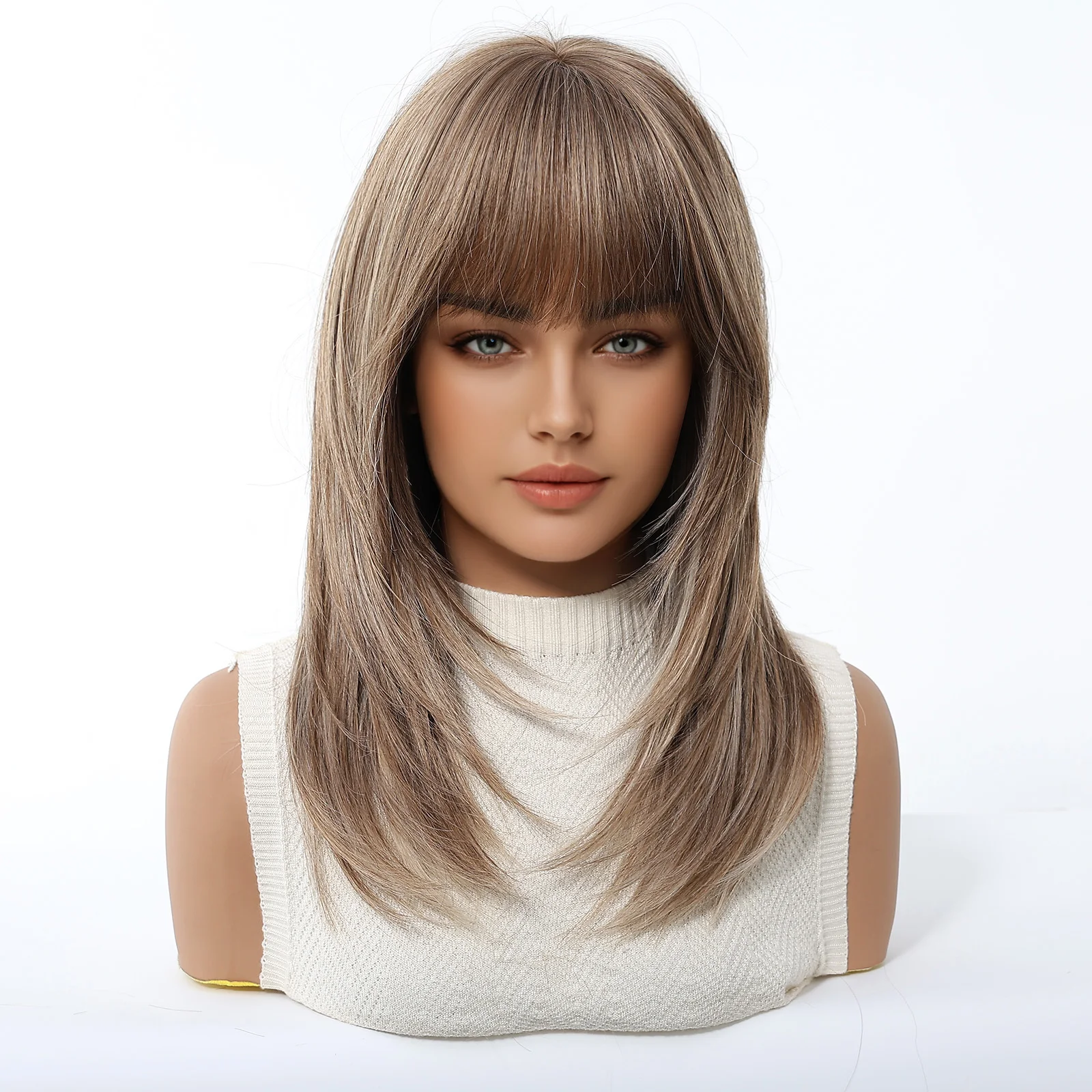ALAN EATON Ombre Blonde Brown Synthetic Wig for Women Straight Medium Length Wigs with Bang Party Daily Heat Resistant Hair