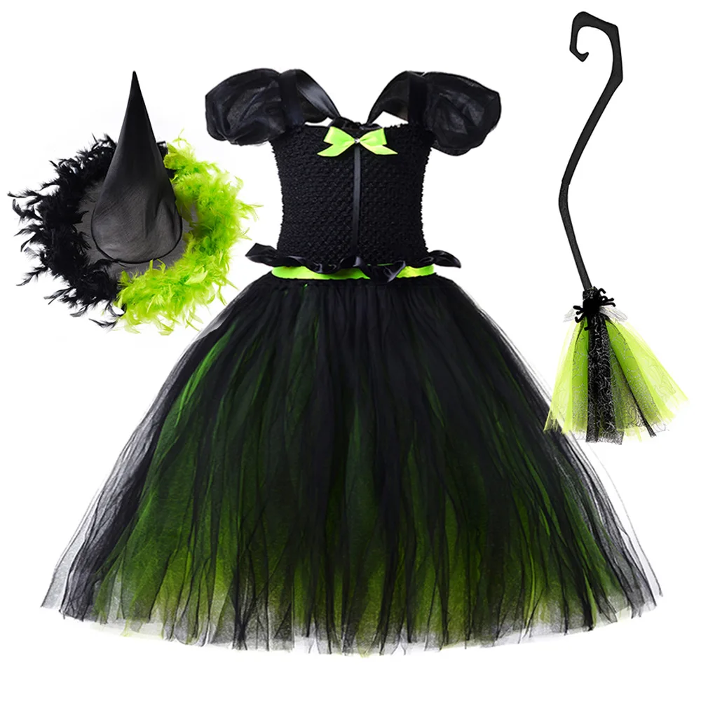 

Halloween Witch Costumes for Girls Carnival Party Fancy Tutu Dress with Hat Broom Disguise Outfit Children Holiday Clothes