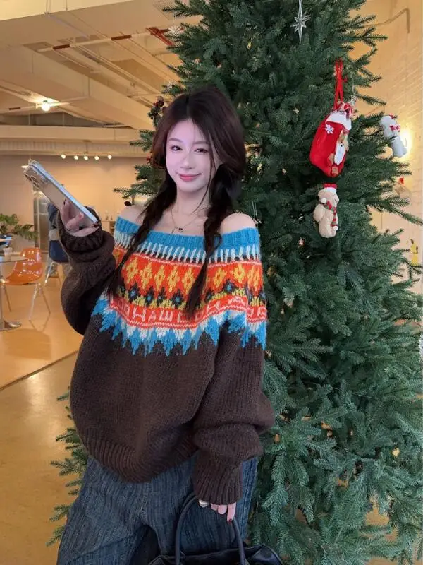 

Женская одежда, новый зимний свободный рождественский свитер Fair Isle, утепленные трикотажные изделия с длинными рукавами, модный универсальный