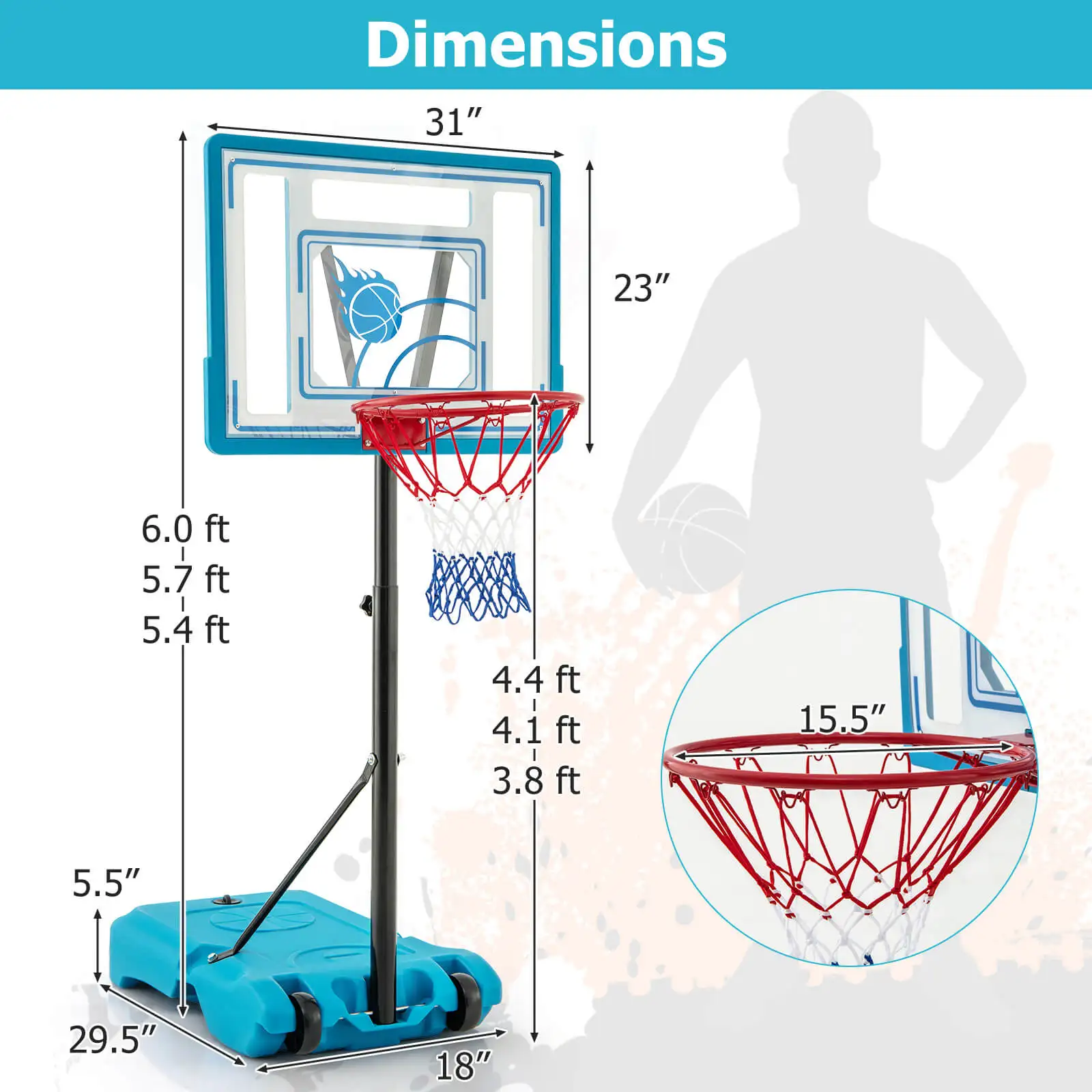 Pool Basketball Hoop 3.8-4.4 FT Adjustable Poolside BasketballGoal System