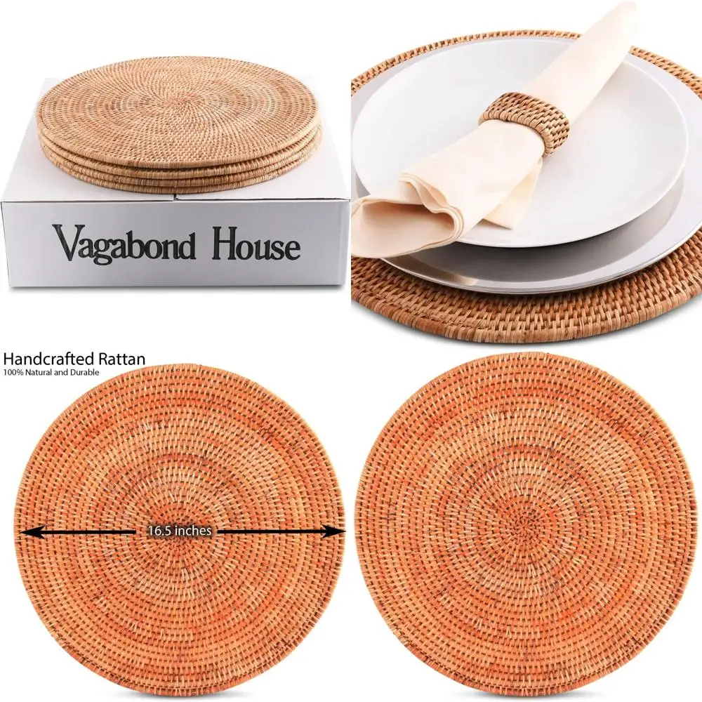 

Handcrafted Rattan Charger Set - 4-Piece Large, Durable Natural Woven Wicker Placemats for Dinnerware and Pewter, Perfect for Be