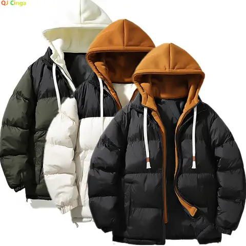 2026 New Men's Long-Sleeve Hooded Parka, Winter Patchwork-Decorated Warm Coat, Available in Black, White, and Green.