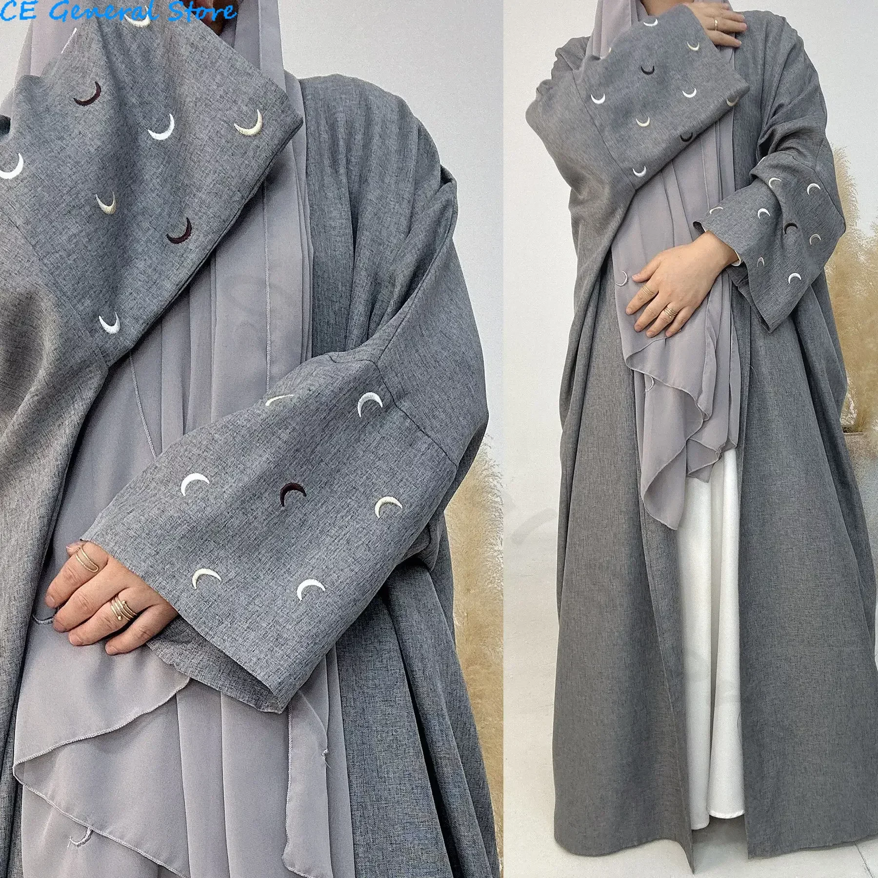 Moon Embroidery Linen Open Abaya Kimono Muslim Abayas for Women Dubai Luxury Turkey Hijab Dress Islam Clothes Ramadan Eid Kaftan