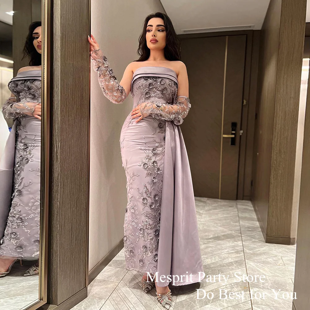 Prom Dress Sexy Strapless Detachable Long Sleeves Lace Flowers Satin Party Gown Trumpet Saudi Evening Dresses 2024 Custom Size