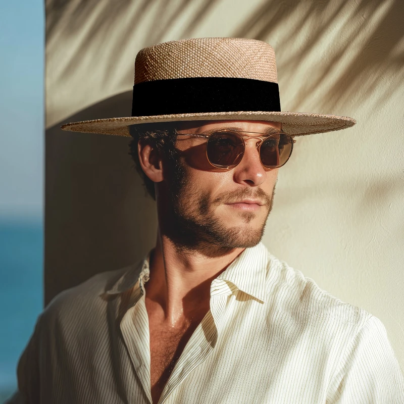 USPOP Men's Classic French Boater Hat Handmade Natural Straw Flat Top Sun Hat with Black Ribbon