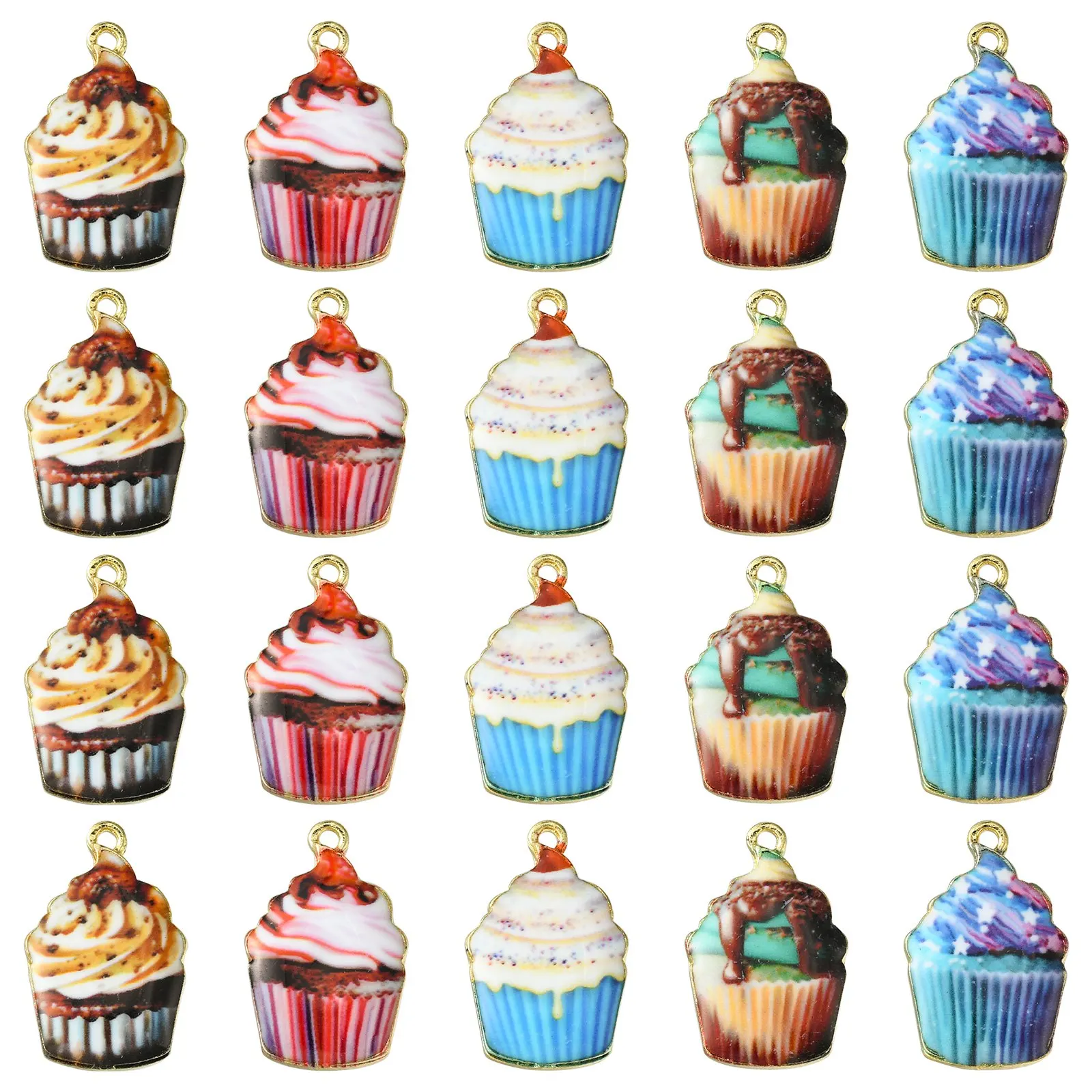 Pandahall 40Pcs 5 Colors Dessert Theme Enamel Cupcake Charms Sweet Food Cupcake Dangle Charms Bulk for Jewelry Making