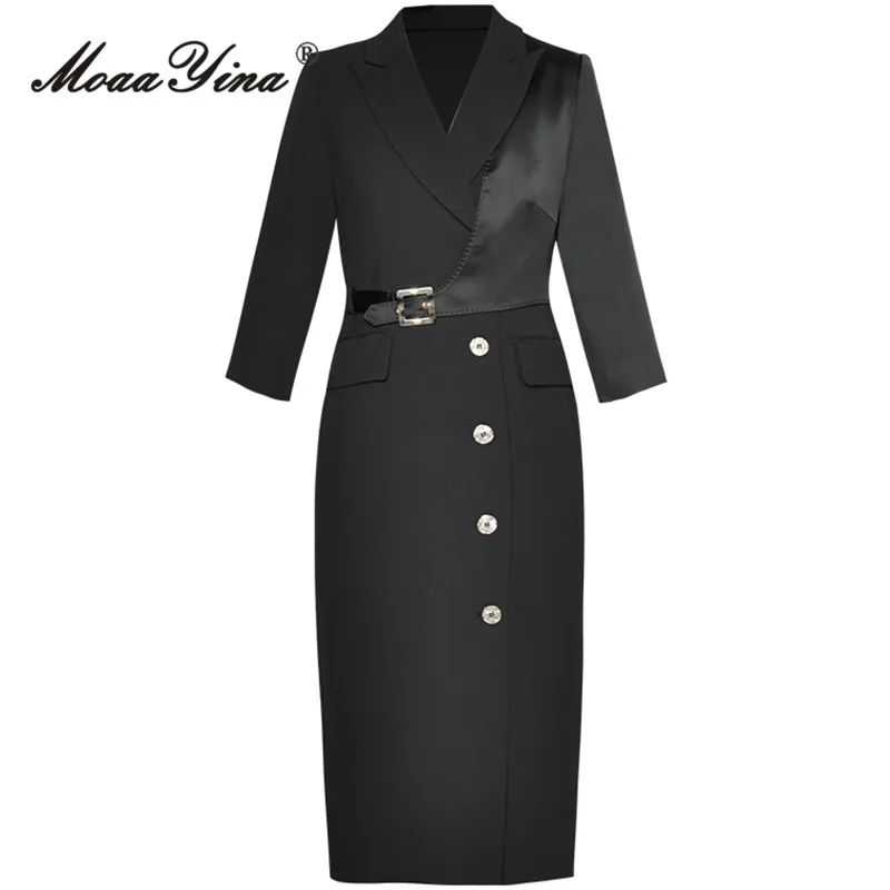 

MoaaYina Spring Fashion Designer Black Vintage Dress Women Lapel Button Pockets Belted Spliced Package Buttocks Slim Midi Dress