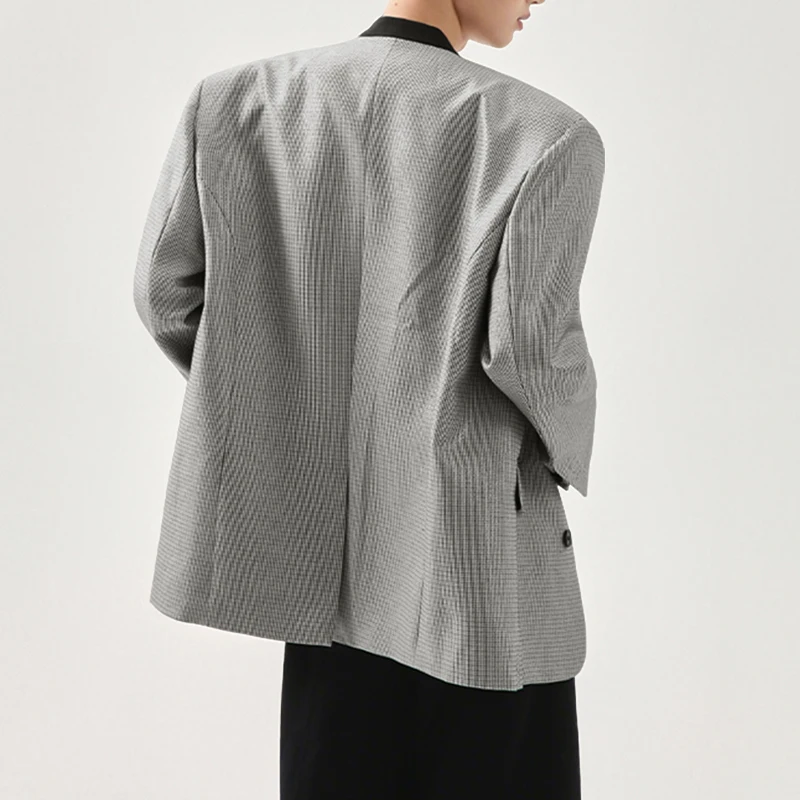 Incerun masculino blazer xadrez retalhos com decote em v botão manga longa casual terno masculino streetwear 2025 moda elegante casacos masculinos blazer