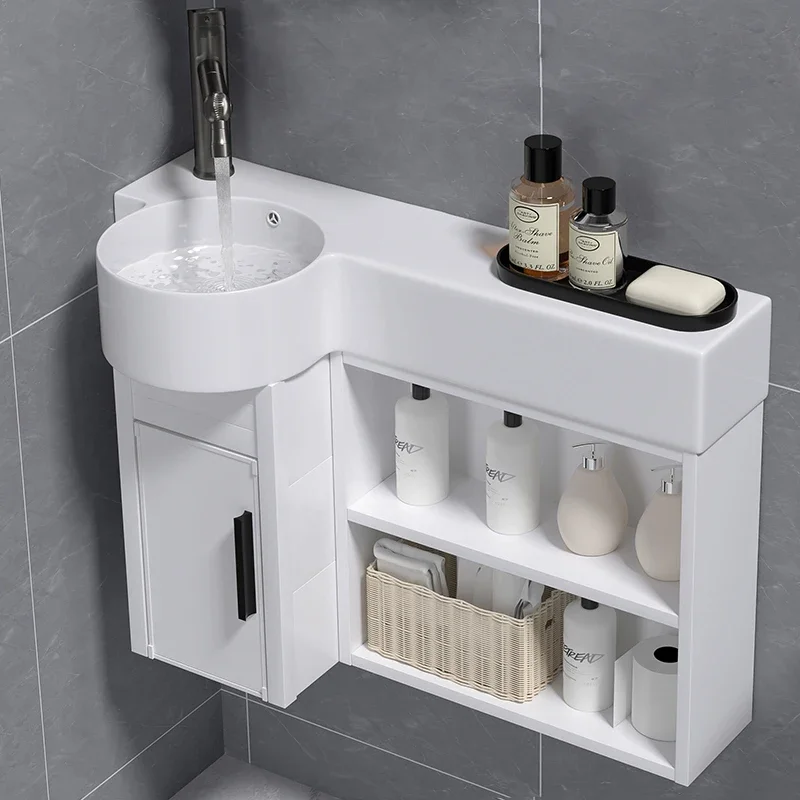 Small apartment waterproof wash basin cabinet combination aluminum bathroom cabinet narrow side ceramic wall hanging basin