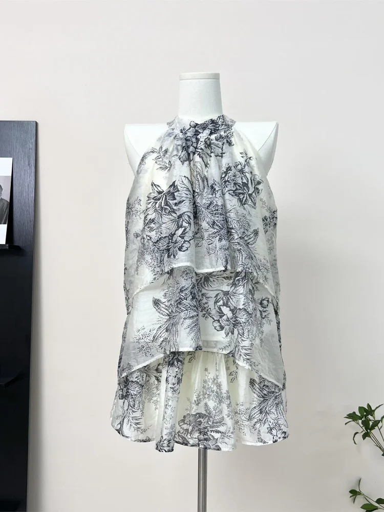 Ink Print Two Piece Sets Women Suspender Hanging Neck Sleeveless Top Irregular Retro Mini Skirt Elegant Korean Style image 3