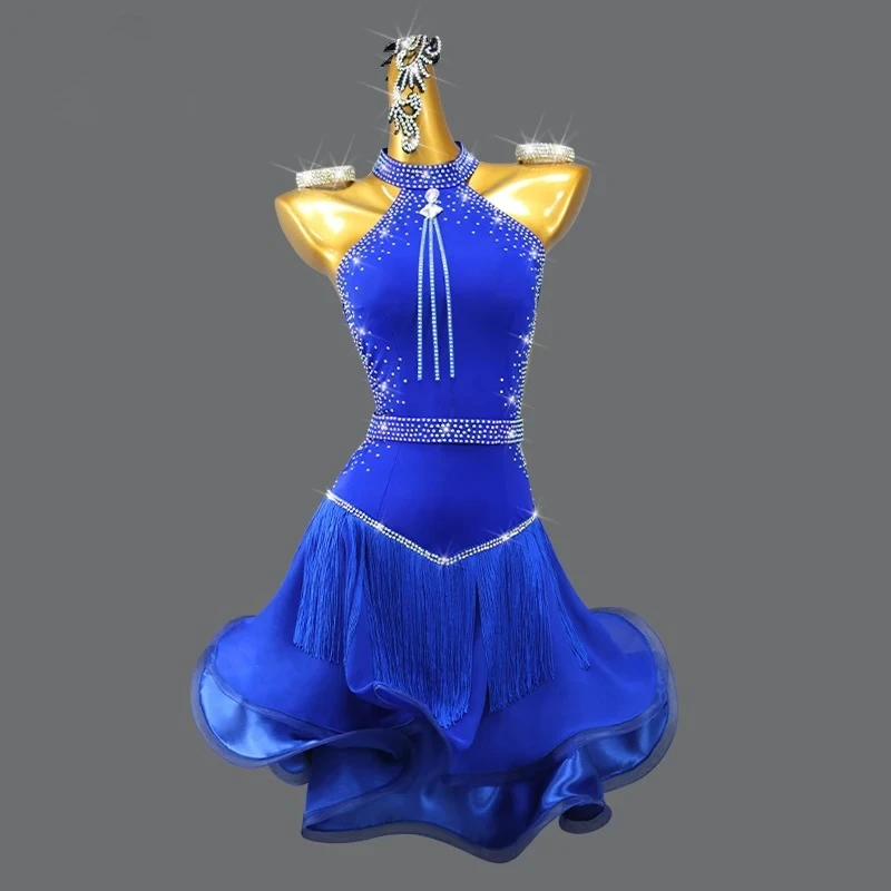2026 Neues Blaues Lateinamerikanisches Tanzkleid Wettkampfkostüm Damenbekleidung Sexy Anzug Ballsaal-Übungskleidung Damen-Auftrittsrock