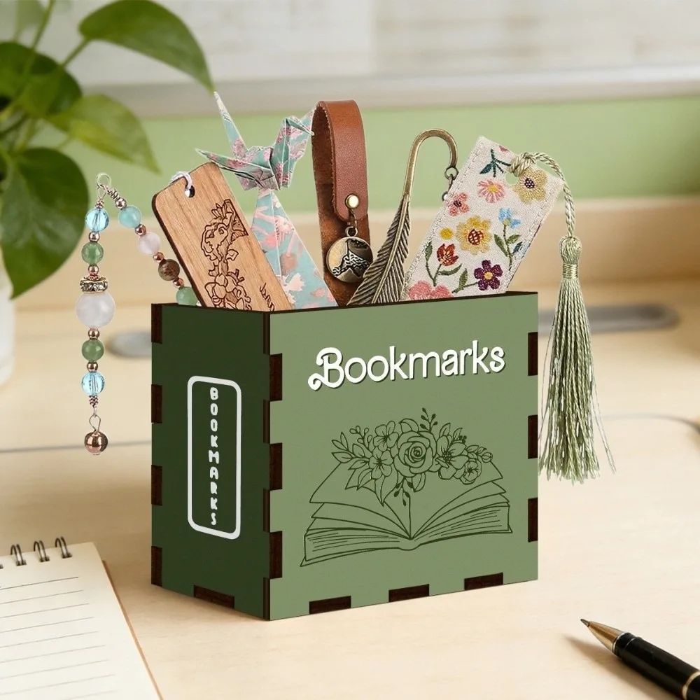 Wood Bookmark Storage Box Printed Pattern Book Shaped Desktop Organizer Box Compact Pen Container Desktop Organization