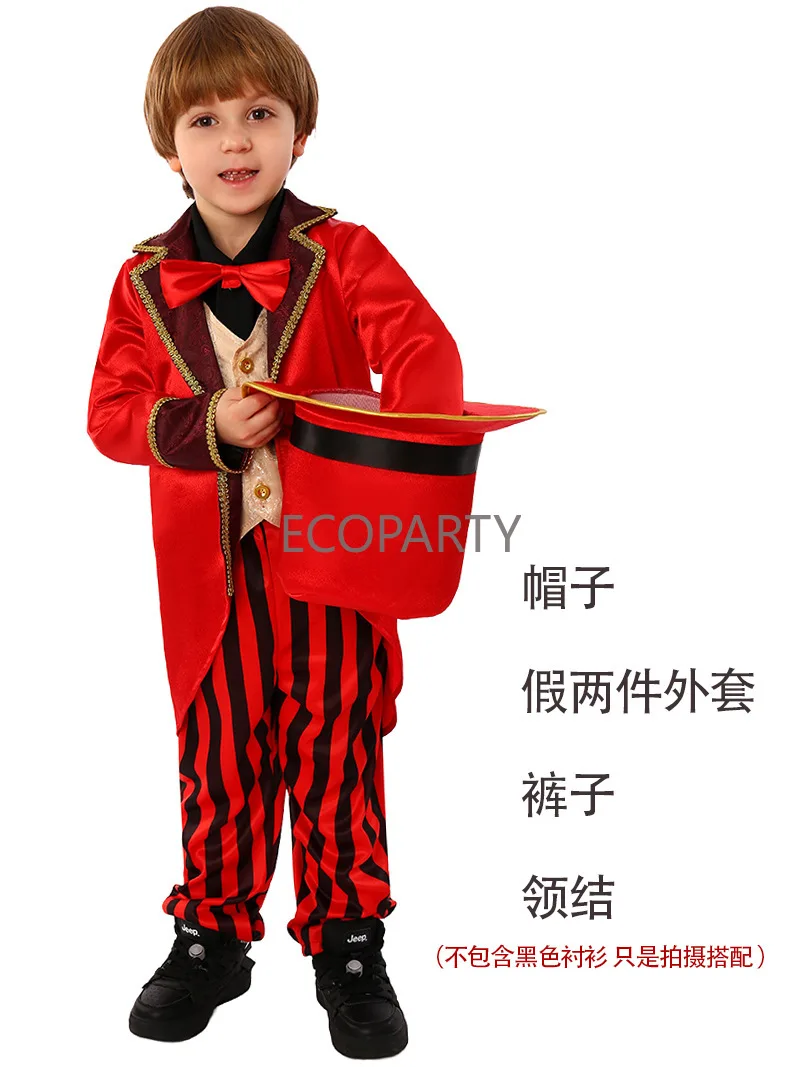 ringermaster Animal Trainer Cosplay red suit Costume with Hat for kid boy Halloween Professional Role Playing circus clothes