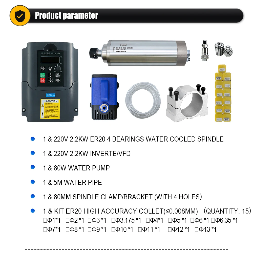 EU-Versand 2,2KW Spindelmotor 24000 U/min Wassergekühlt Einphasig 220V + Frequenzumrichter + Wasserpumpe + Spannzange + Spindelhalterung – Detail 3