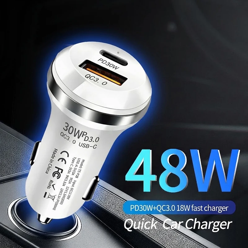 48W Fast Charging Car Adapter Dual Port Type C PD 30W and USB A QC 3.0 Fireproof Mini Fit For iPhone 15 Pro For Samsung Galaxy