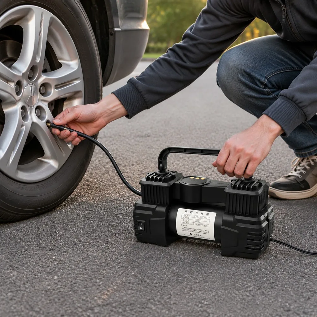 Mini Dual Cylinder 12V 150PSI Heavy Duty Tire Inflator Electric Air Pump with LED Light for Car Auto Inflatable Tool