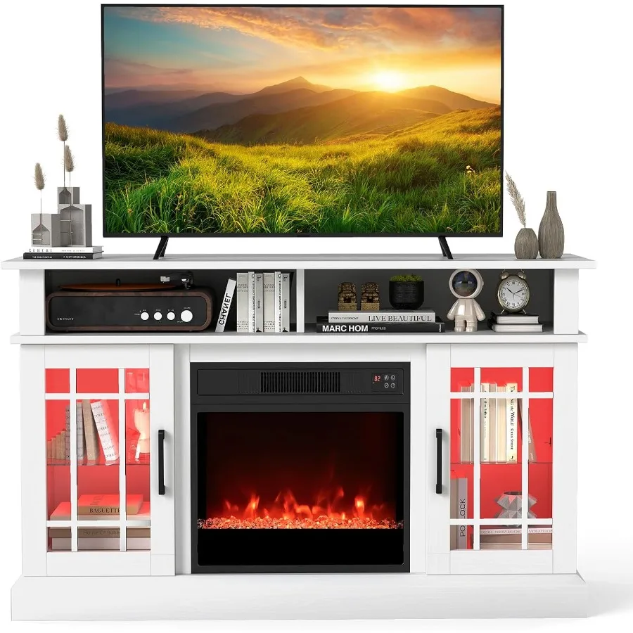 

Подставка для телевизора с электрическим камином, предназначенная для телевизоров до 40 дюймов со вставкой обогревателя мощностью 1400 Вт и светодиодное окружающее освещение, 9 регулируемых