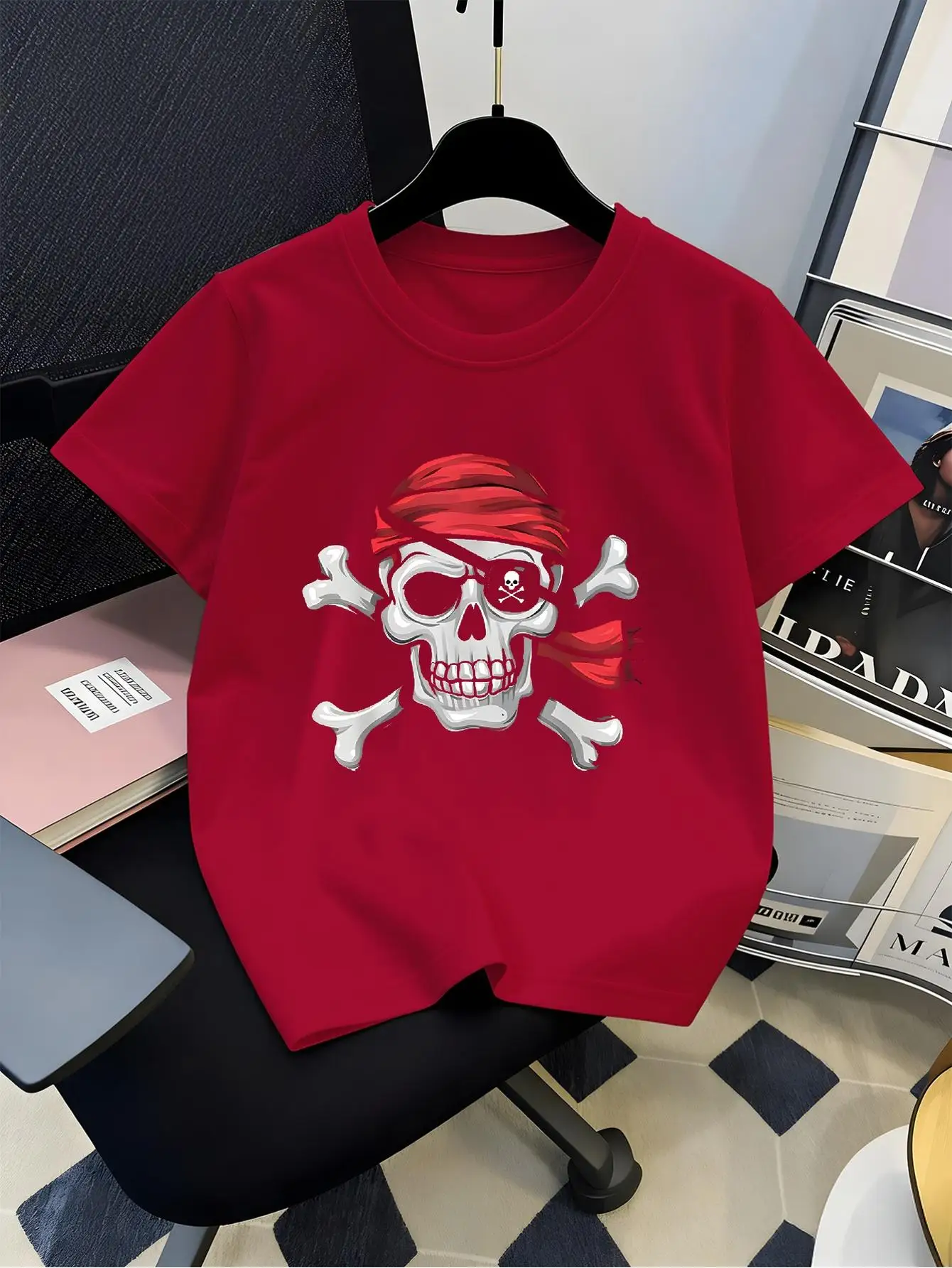 Pirate Skull Crossbones Red Bandana Eye Graphic Tee Boys Girls Family Matching Casual Parent Kids Adventure Short Sleeve Outfit