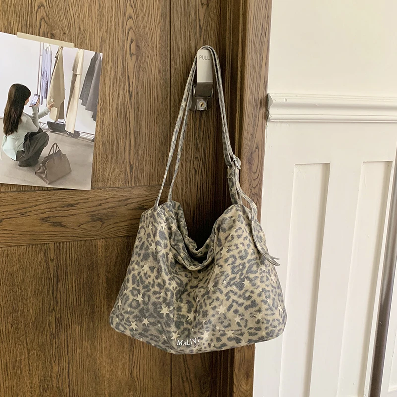 Autumn New Vintage Leopard Print Shoulder Tote Bag Women Large Capacity Soft Cloth Hobo Bag Retro Casual Daily Shopping Handbag